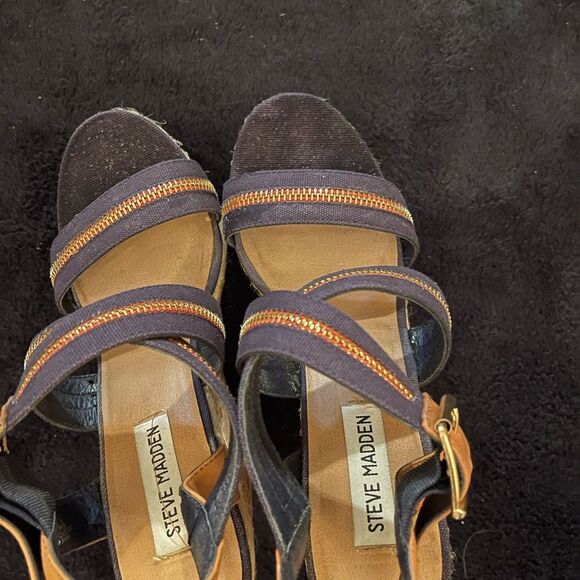 Steve Madden Daybreak blue multi espadrilles strappy high wedges cork, size 8 - Picture 3 of 10